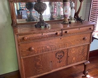 Lovely Victorian Oak Sideboard w/Carved Paw Feet; Electrified Hand-Painted Oil Lamp