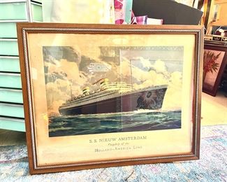 Large Framed Vintage Travel Poster for SS Nieuw Amsterdam of the Holland America Lines