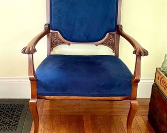 Antique Upholstered Armchair w/Carved Arms