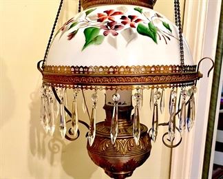 Brass & Hand-Painted Glass Hanging Electrified Oil Lamp