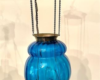 Blue Glass Hanging Electrified Oil Lamp