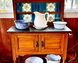 Antique Cabinet w/Slate Counter, Tiled Backsplash; Enamelware 