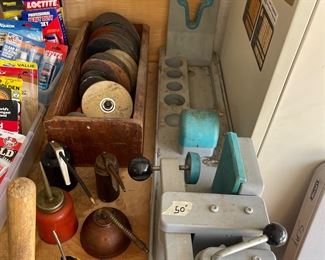 Shooters Vise, oil cans, sanding wheels