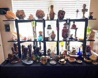 Wood Carvings, Oil Lamps, Brass, Shells, Decor