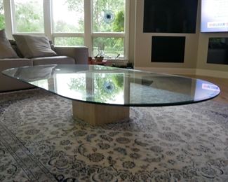 Travertine & Brass Pedestal Base w/Oval Glass Top Coffee Table

