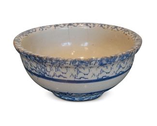 Large 19th c Salt Glazed Blue Banded Sponged Stoneware Mixing Bowl
