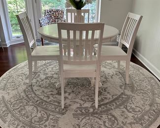 WHITE KITCHEN TABLE W/4 CHAIRS, ROUND AREA RUG