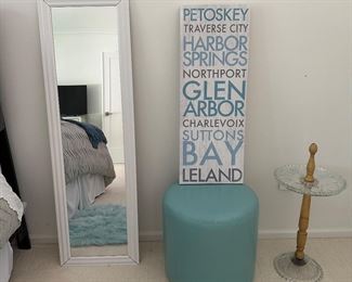MIRROR, STOOL, WALL SIGN, GLASS ACCENT TABLE