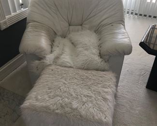 White leather chair with fuzzy white storage cube/ foot rest