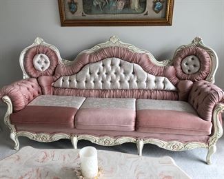 Regal French Provencial Couch in rose velvet