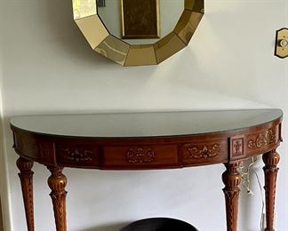 Maitland Smith carved demilune table and C. Jere authentic vintage brass wall mirror