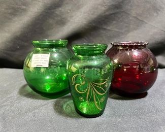 Green Ivy Ball Vase, Ruby Vase & Etched Vase