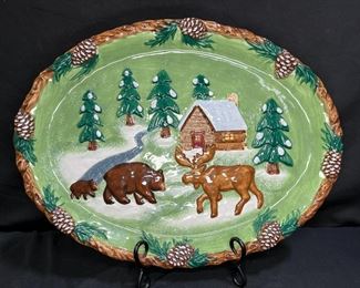 Bico China Rustic Winter Cabin Scene Platter