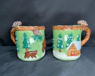 2 Bico China Rustic Cabin Winter Scene Coffee Mugs