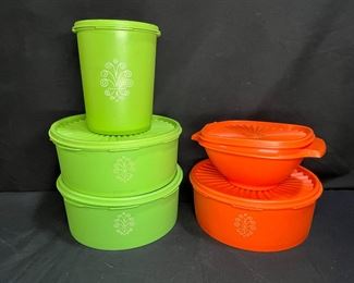 5 Piece Green & Orange Vintage Tupperware