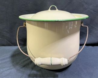 Vintage Granite Ware Cream & Green Pot with Lid