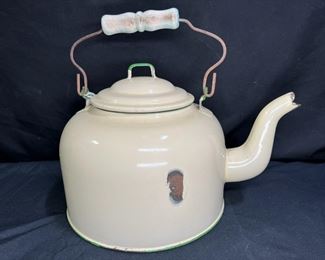 Vtg LARGE Granite Ware Cream & Green Tea Kettle