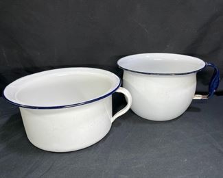 2 Vintage Granite Ware White & Blue Chamber Pots