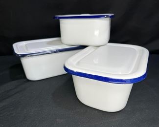 3 Blue & White Enamel Ware Refrigerator Dishes