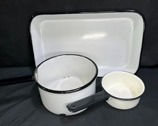 Vtg White & Black Enameled Ware Pots & Pan