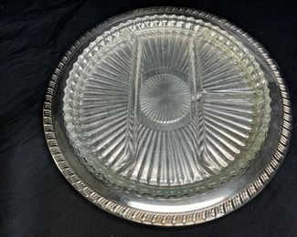 Leonard Silver Plate & Glass Divided Relish Dish
