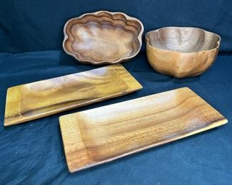 2 Wooden Bowls & 2 Trays Signed Monekeypod