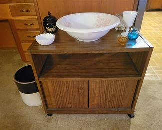 Microwave Cart and Miscellaneous Glassware and Pottery