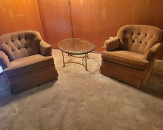 2 Corduroy Swivel Rockers and Hollywood Regency MCM LA Barge style Brass and Glass Table