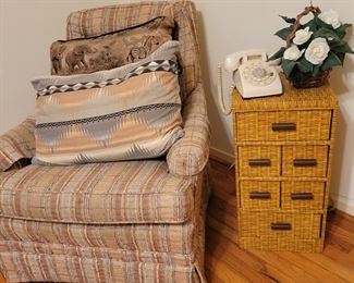 Upholstered Chair, Telephone and Small Cabinet