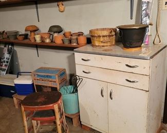 Vintage Metal Stool, Vintage Metal Cabinet and Collectibles 