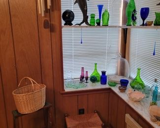 Stools, Basket, Chime and Collectible Glassware 