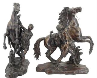 887 Pair Large French 19th C Bronze Men With Horses