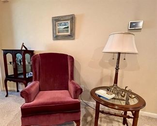 Vintage Velour Burgandy Chair, Accent Table, Brass and Wood Decorator Lamp, Curio Cabinet