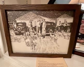 Vintage Chicken Ranch Pencil Rendering by Al Bates