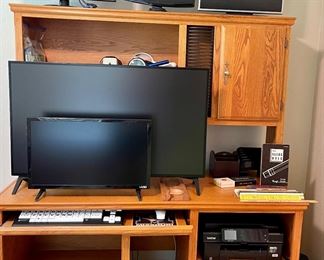Computer Desk, LG 43” Monitor, AOC and Coby Monitors, Chester Creek Large Key  Keyboard, Brother Printer, Office Supplies
