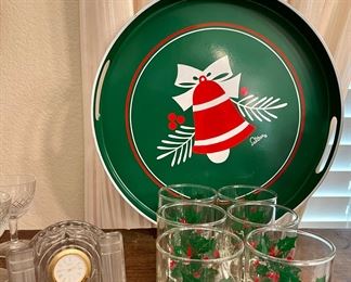 Crystal Mikasa Clock, Vintage Saltera Christmas Tray, Vintage Christmas Glasses