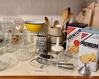 Vintage Premium Tins, Crock Pitcher, Vintage Straw Dispenser, Enamelware Bowl