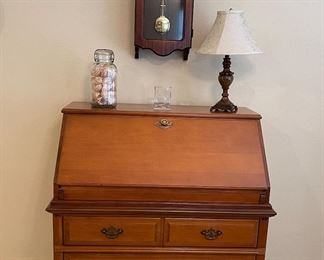 Vintage Bassett Furniture Secretary Desk, Vintage Howard Miller 78th Anniversary Collection Clock