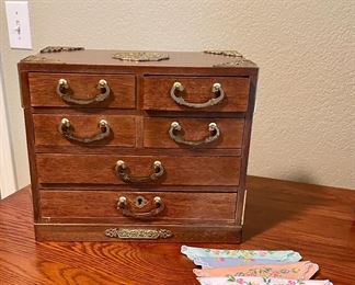 Vintage Wood with Brass Accents Jewelry Box, Vintage Hankerchiefs
