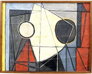 A mid 20th century oil on canvas Cubist abstract.  Depicts geometric forms with impasto and sgraffito technique.  Initialed "DV" and dated "'46" into paint upper left.  Craquelure with flaking and paint loss, three horizontal creases to canvas, some surface grunge and staining.  Image 33 1/2 x 25 3/4" high, framed 35 x 27 1/4" high overall.
