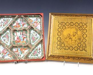 A boxed set of Chinese Rose Medallion porcelain sweet meat trays.  Conforming trays with polychrome vignette panels depicting alternating floral and Court scenes with Gilded detail.  Within a fitted Gilt wood box with hand-painted design.  Painted character mark.  Some wear to decoration and box, one tray with repaired break, a few tiny flakes to rims.  Closed box measures 13 1/2 x 13 1/2 x 4" high overall.  
