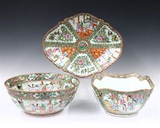 Three Chinese Rose Medallion porcelain dishes.  Includes a round center bowl, a scalloped square bowl, and an scalloped oval serving platter with polychrome vignette panels depicting alternating floral and Court scenes with Gilded detail.  Unmarked.  Some wear to decoration, platter with a few small flakes to rim.  Up to 14" long and 5" high. 
