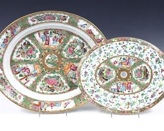 A Chinese Rose Medallion porcelain platter with strainer insert.  Oval form with polychrome vignette panels depicting alternating floral and Court scenes with Gilded detail.  Unmarked, labeled "Rosedale" at back.  Minor wear to decoration, small flakes to insert rim.  16 3/4" long.  
