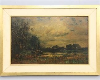 Robert Hopkin, Scottish/American, 1832-1909.  A 19th century oil on artist's board landscape depicting a small boat moored on the Rouge riverbank with a forest and farm house in the distance.  Signed "R. Hopkin" lower left.  A few small areas with restoration and in-painting, some craquelure and surface grunge, minor staining to woven mat.  Image 18 x 11 1/4" high, framed 23 1/2 x 16 1/2" high overall.
