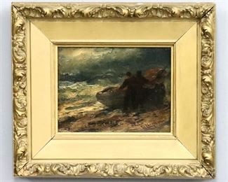 Robert Hopkin, Scottish/American, 1832-1909.  A 19th century oil on artist's board seascape depicting two men pushing a fishing boat into the sea.  Signed "R. Hopkin" lower right and verso.  Some surface grunge a few tiny flakes to paint.  Image 10 x 7 3/4" high, in a restored gilt wood and gesso frame with minor wear and separation, 18 x 15 1/2" high overall.
