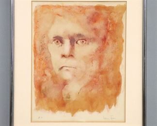 Leonor Fini, Argentinian/Italian, 1907-1996.  A mid 20th century lithograph on paper portrait of a man.  Signed "Lenor Fini" lower right and annotated "E.A." artist proof, "Tchernov Galleries" label verso.  Some toning, minor rippling to paper.  Image 12 1/2 x 16" high, framed 18 1/4 x 22 1/4" high overall.  