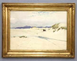 William Samuel Parkyn, British, 1875 - 1949.  An early 20th century watercolor on paper landscape.  Depicts two figures leading a horse across a coastal sand dune with mountains in the distance.  Signed "W. Parkyn" lower right.  Some toning and minor foxing.  Image 21 x 14 1/2" high, framed 27 x 20" high overall.  
