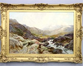 John MacWhirter, Scottish, 1839-1911.  A late 19th century oil on canvas landscape, titled "The Highland Stream".  Signed "MacW." lower left.  Previously restored with small repairs and in-painting, canvas lined, minor craquelure and surface grunge.  Image 29 1/2 x 19 1/2" high, in a gilt wood and gesso frame with minor shrinkage, 37 x 26 3/4" high overall.  ESTIMATE 
