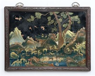 A Chinese reverse painting on glass.  Nocturnal scene with Bats and Antelope in a mountain landscape, in a carved Rosewood frame.  Minor paint flaking at edge, not examined out of the frame.  32 x 24" high overall.  
