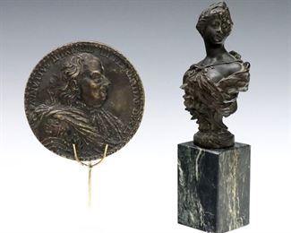 Two small 19th and 20th century Neoclassical Bronze castings.  Includes a reproduction of a 17th century Italian medal depicting the profile of Ranuccio II Farnese Duke of Parma & Piacenza on a custom plexi holder, and a miniature bust of a woman on a Verde marble plinth.  Bust initialed "LVC" and dated "'95".  Minor wear to patina, marble with some surface scratches.  Up to 8 1/2" high overall.  
